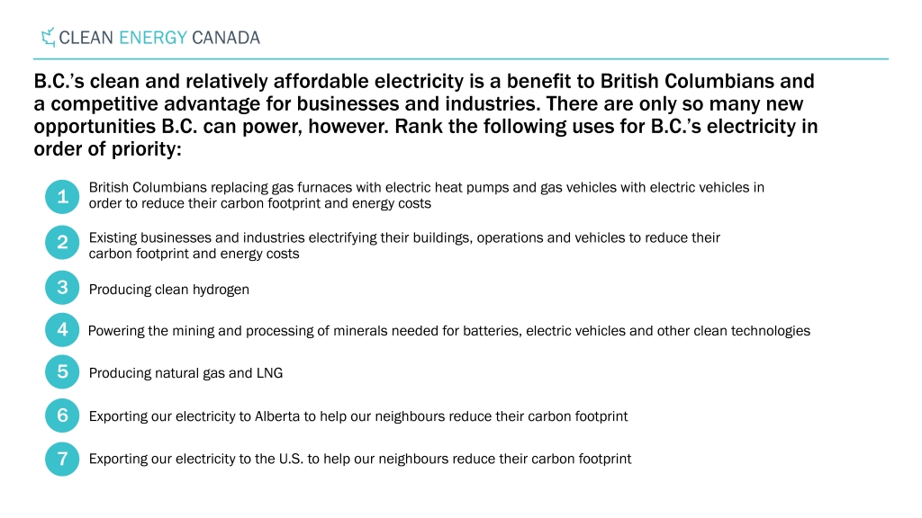 an ordered list of what british columbians ranked as priority uses for B.C.'s electricity