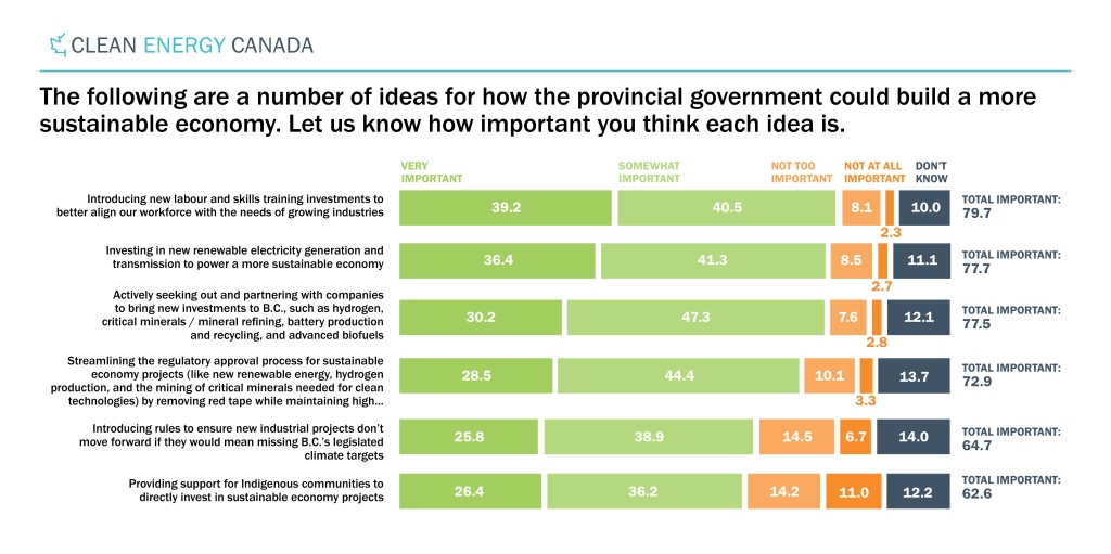 bar graph illustrating how important or not important british columbians rated each idea for building a more sustainable economy