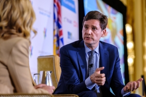 image of current bc premier david eby speaking at a trade conference