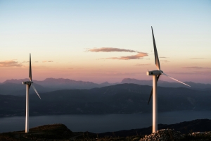 wind turbines against horizon